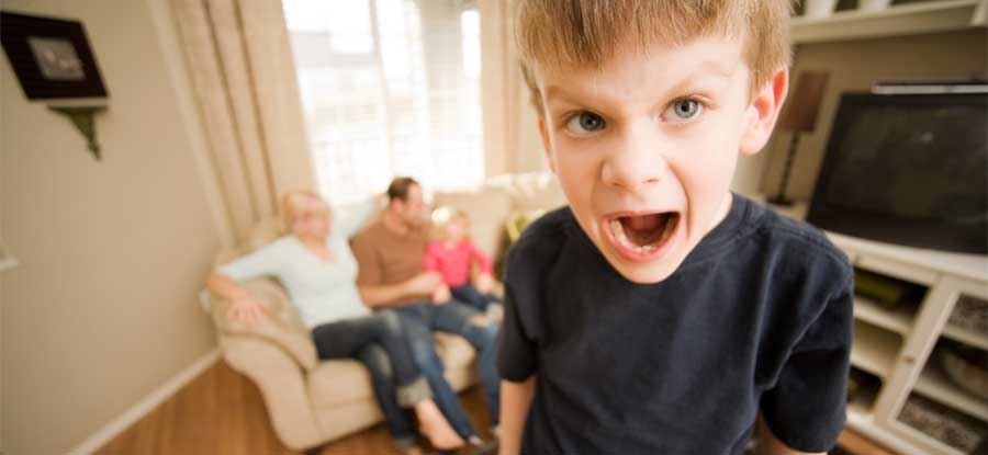 A blond, Caucasian boy with an angry look shouts while his family looks on.