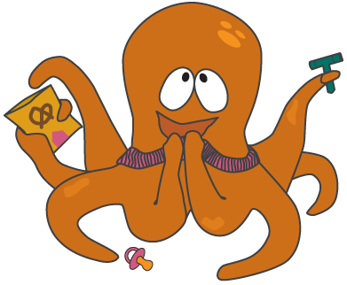 Ollie the octopus, shown chewing his shirt colar and holding crunchy snacks