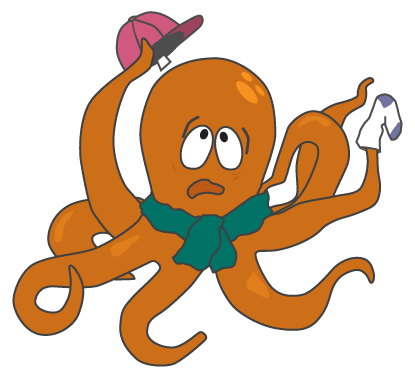 Ollie the octopus, looking distressed about a sock and a hat with a tag in it