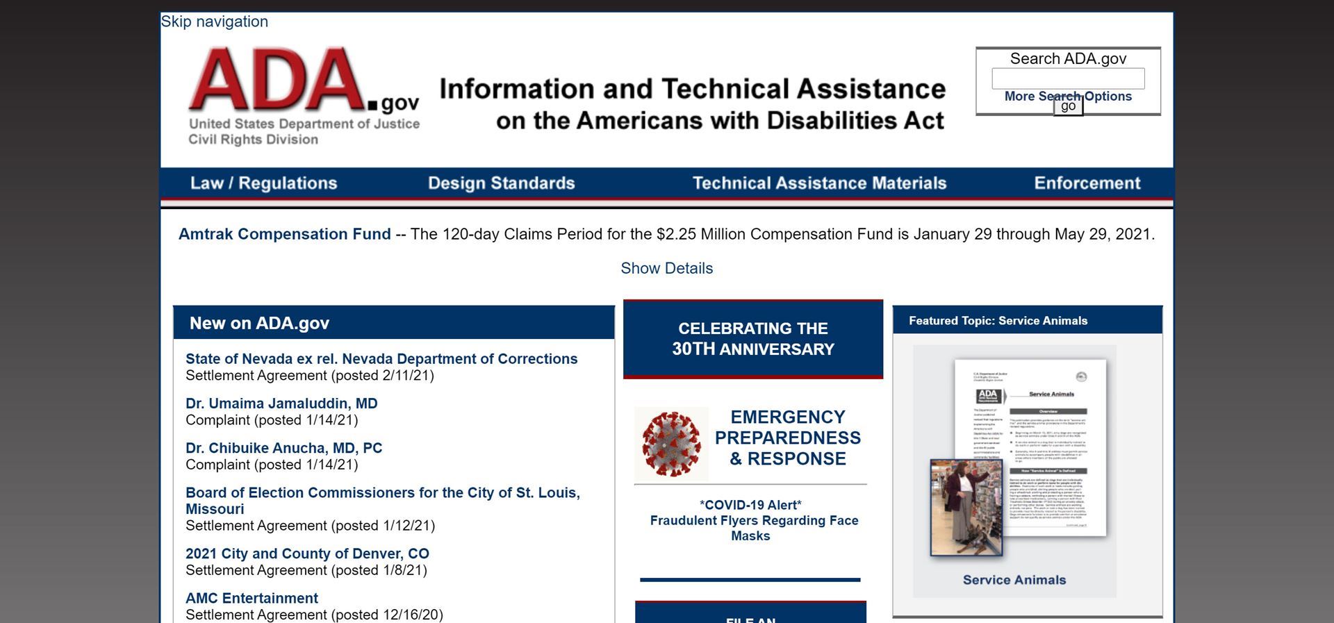 Screen Capture: ADA.gov home page